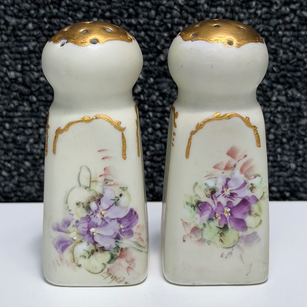 Antique Hand Painted Porcelain‎ Salt and Pepper Shakers Purple Floral Gold Gilt